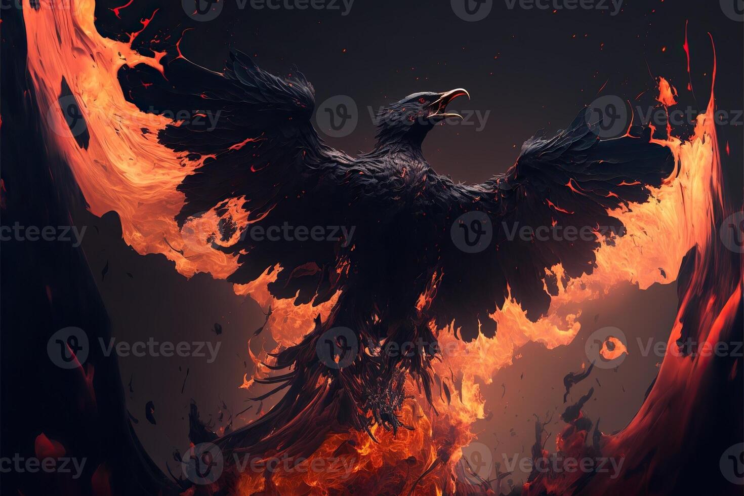 flying burning lava eagle with a a burning forest in background, photo