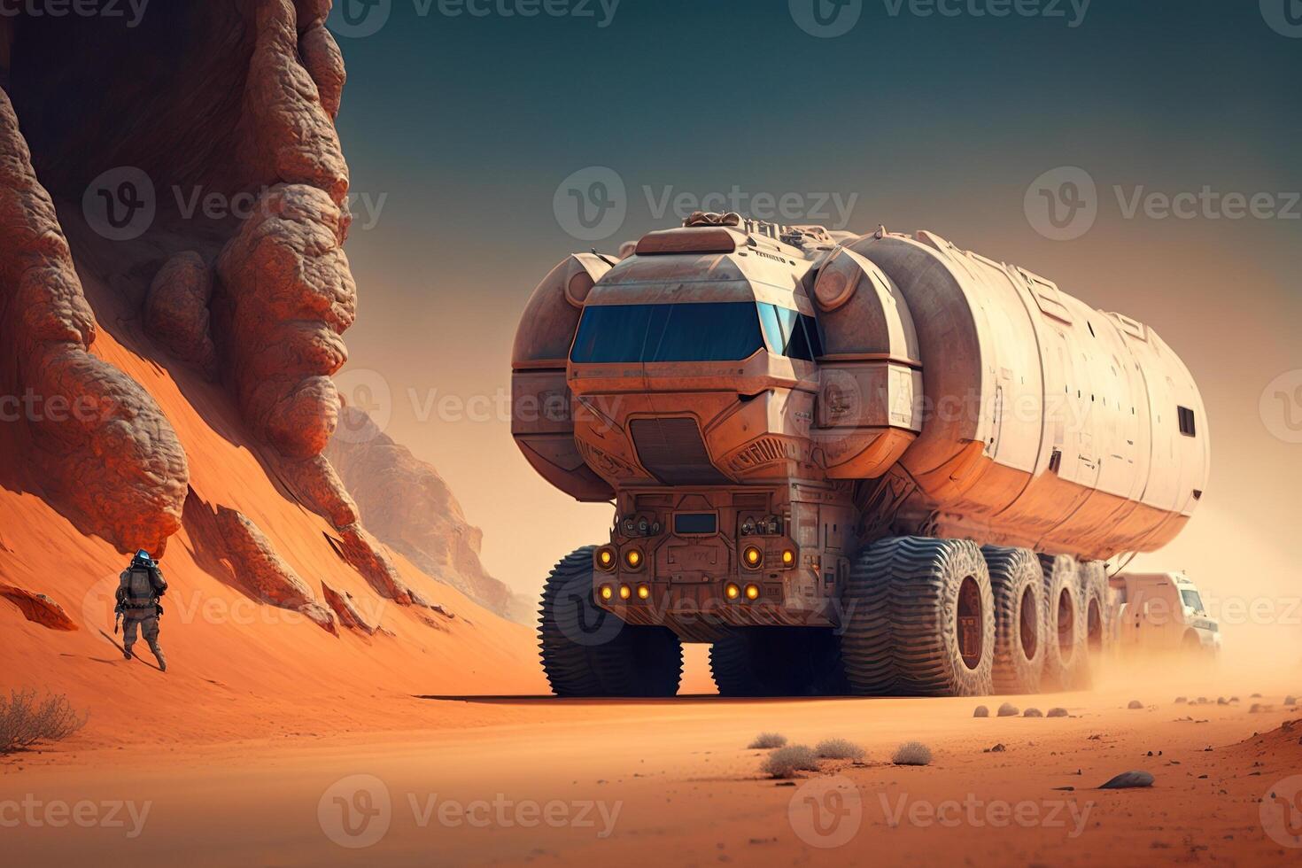 future mars truck in the desert with a person in background, illustration photo