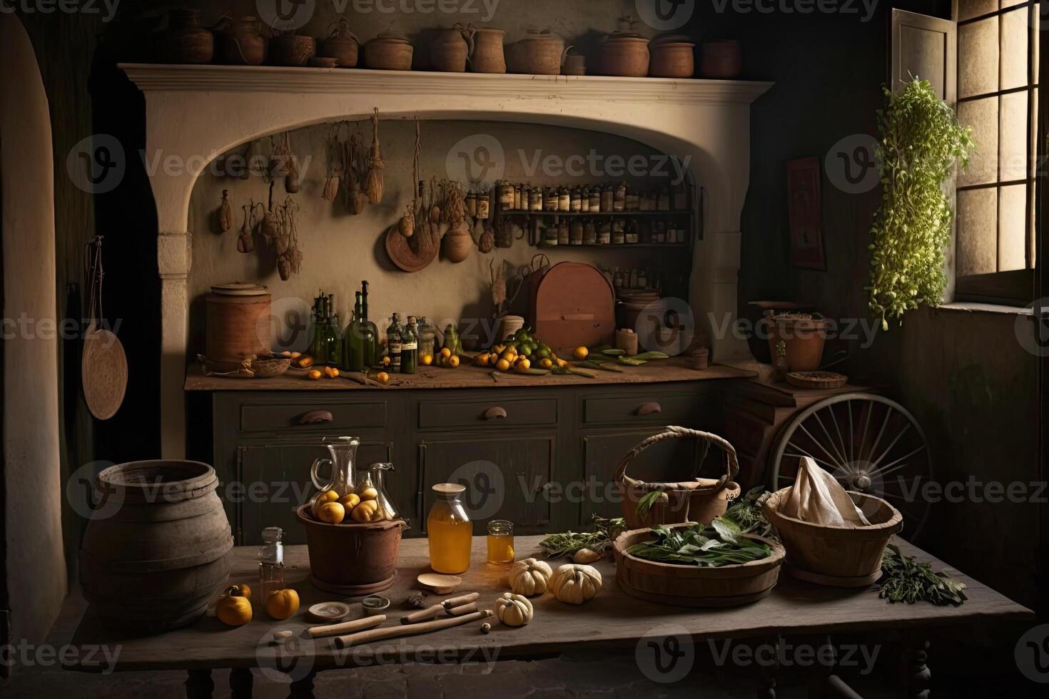 illustration of an Old Kitchen with tools, food and beverages photo