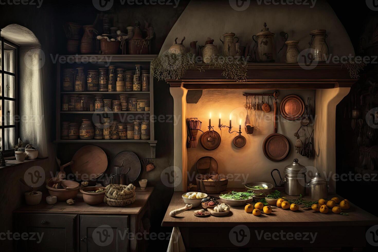 interior of an old house, kitchen, illustration, photo