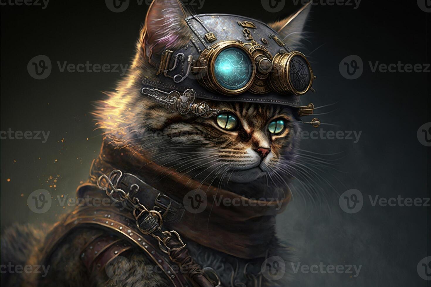 a steampunk cat soldier with helmet, dark grey background illustration photo