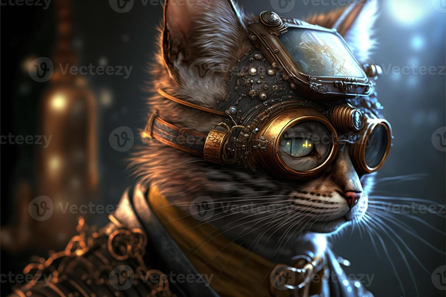 a steampunk cat soldier with helmet and glasses, abstract laboratory in background illustration photo