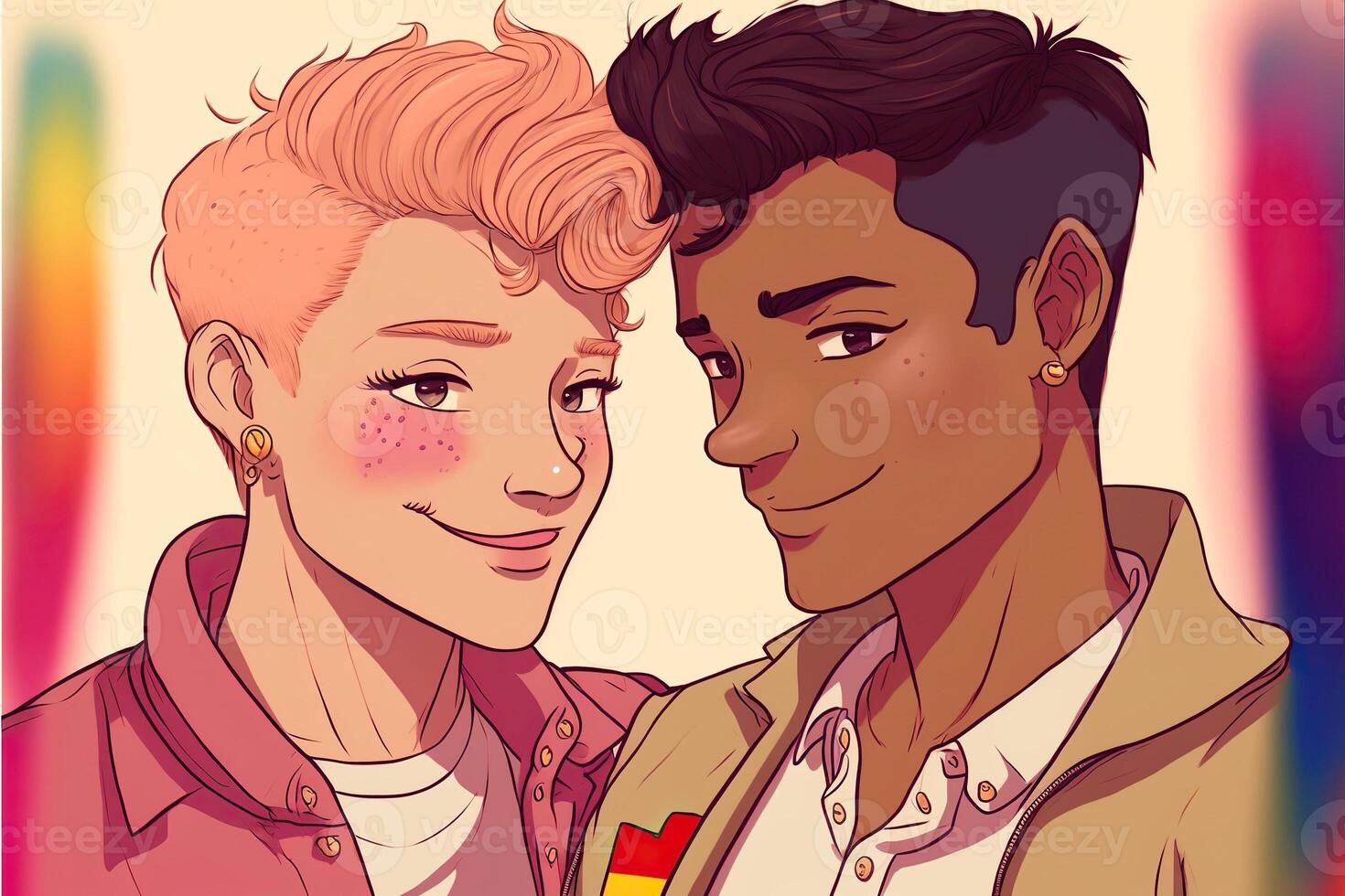 lgbtqplus dibujos animados Pareja en San Valentín día es abrazando, ilustración ai generado foto