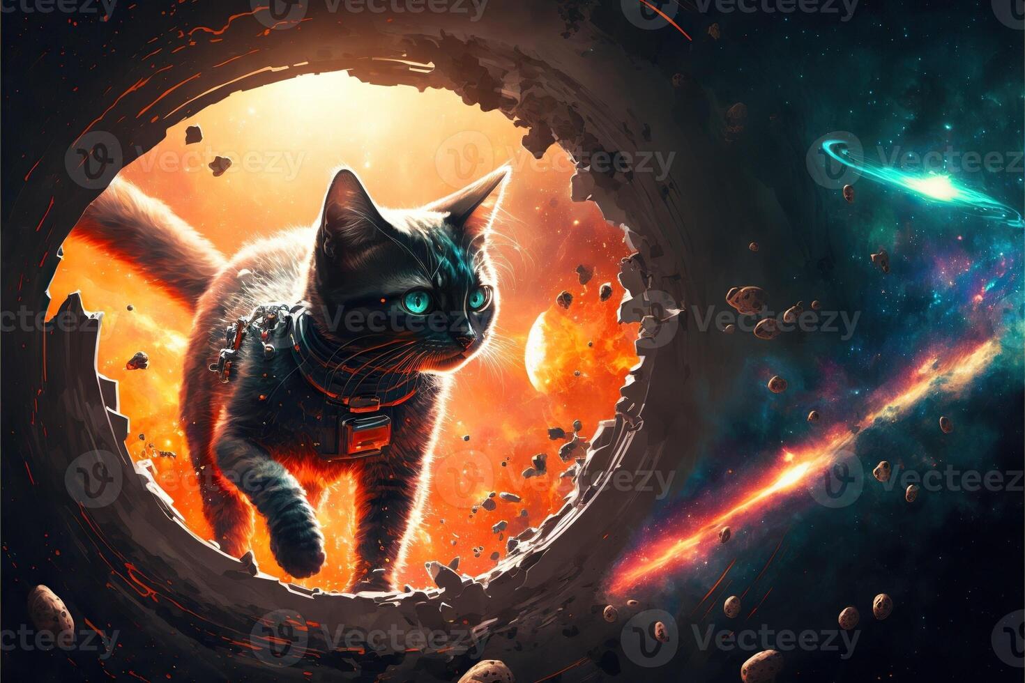 Space Cat entering in a luminous black hole with planets and star in background llustration photo