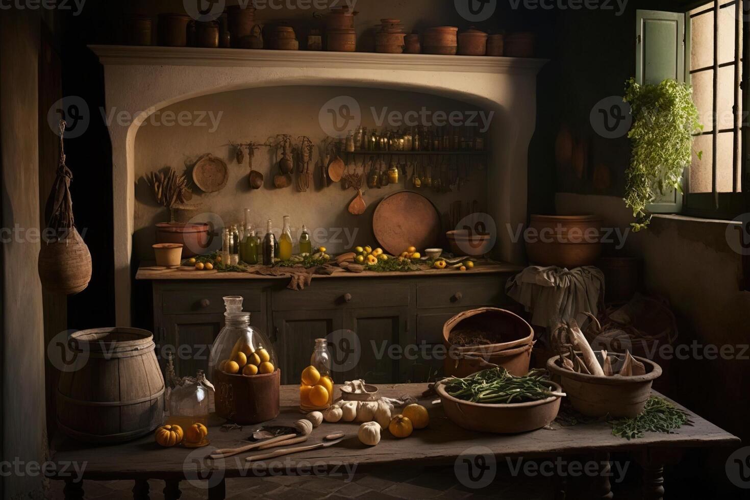 old fireplace and tables with beverages, illustration photo