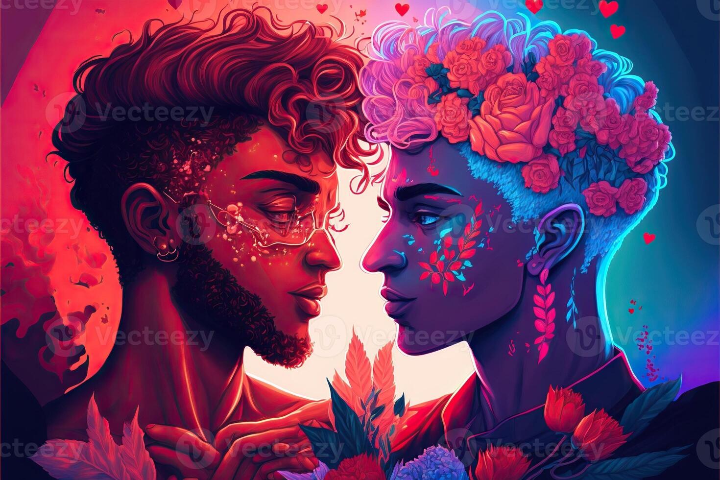 romantic colorful lgbtqplus couple, with flowers is looking into each other's eyes on valentine's day illustration photo