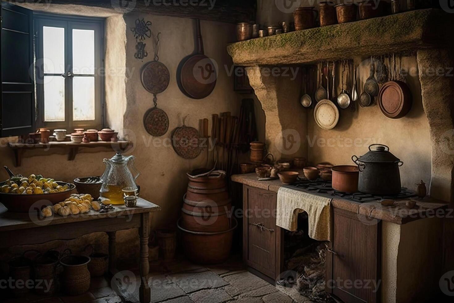 illustration of an Old Kitchen with pans, food and beverages photo