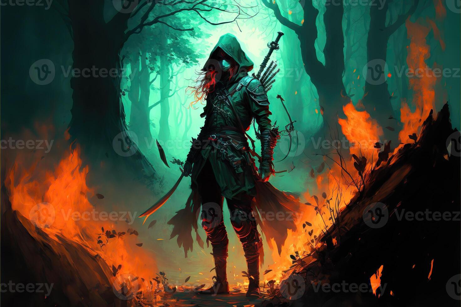a fantasy woman rogue with many weapons in a burning forest, illustration photo