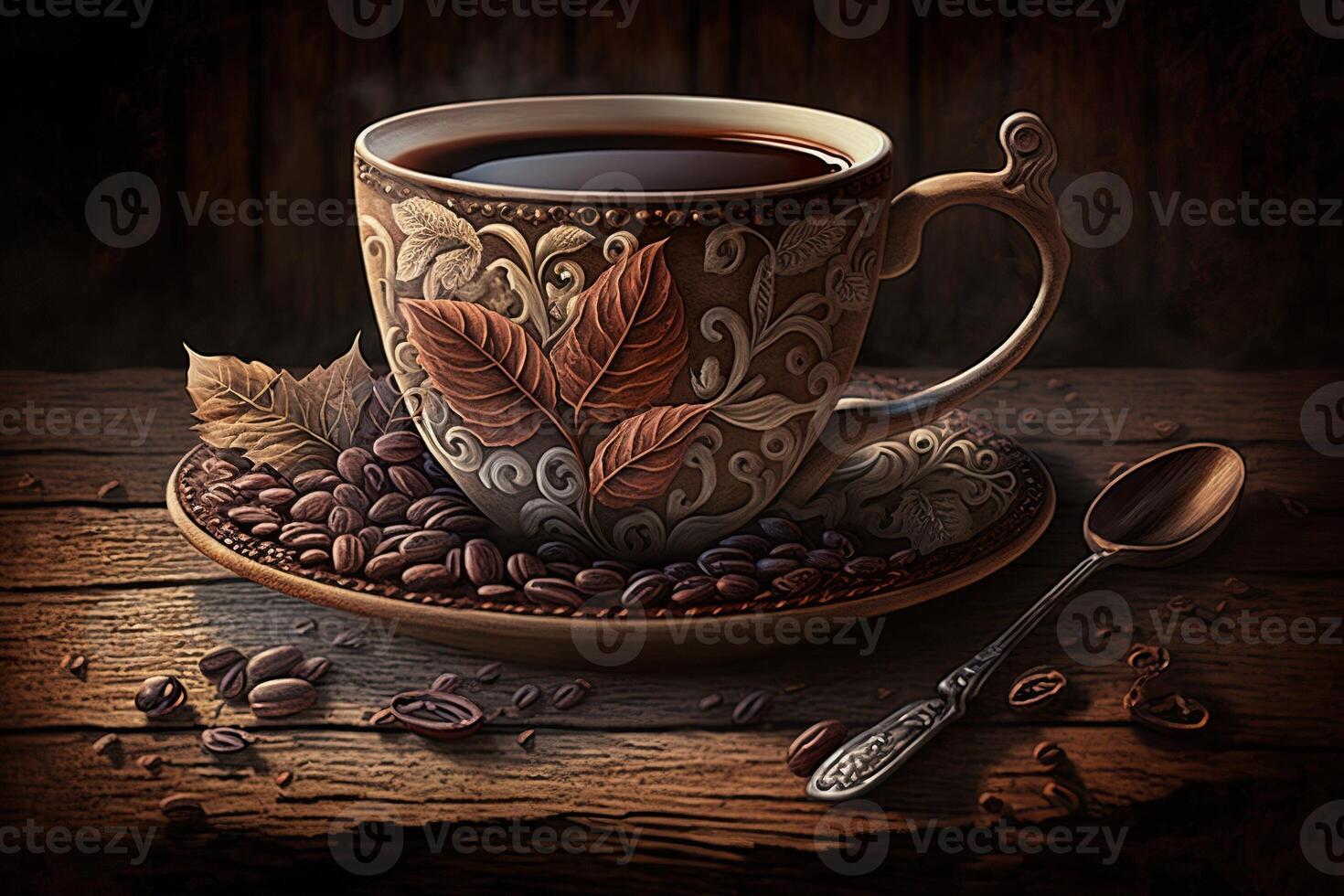 illustration of a painted little cup of espresso coffee on a wooden table with many beans of coffee, photo