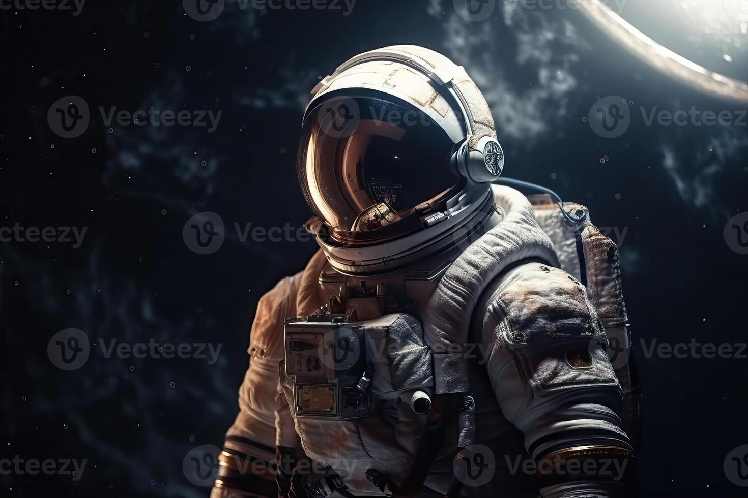 An astronaut in a spacesuit flies in outer space near the orbit of the planet Earth, . photo