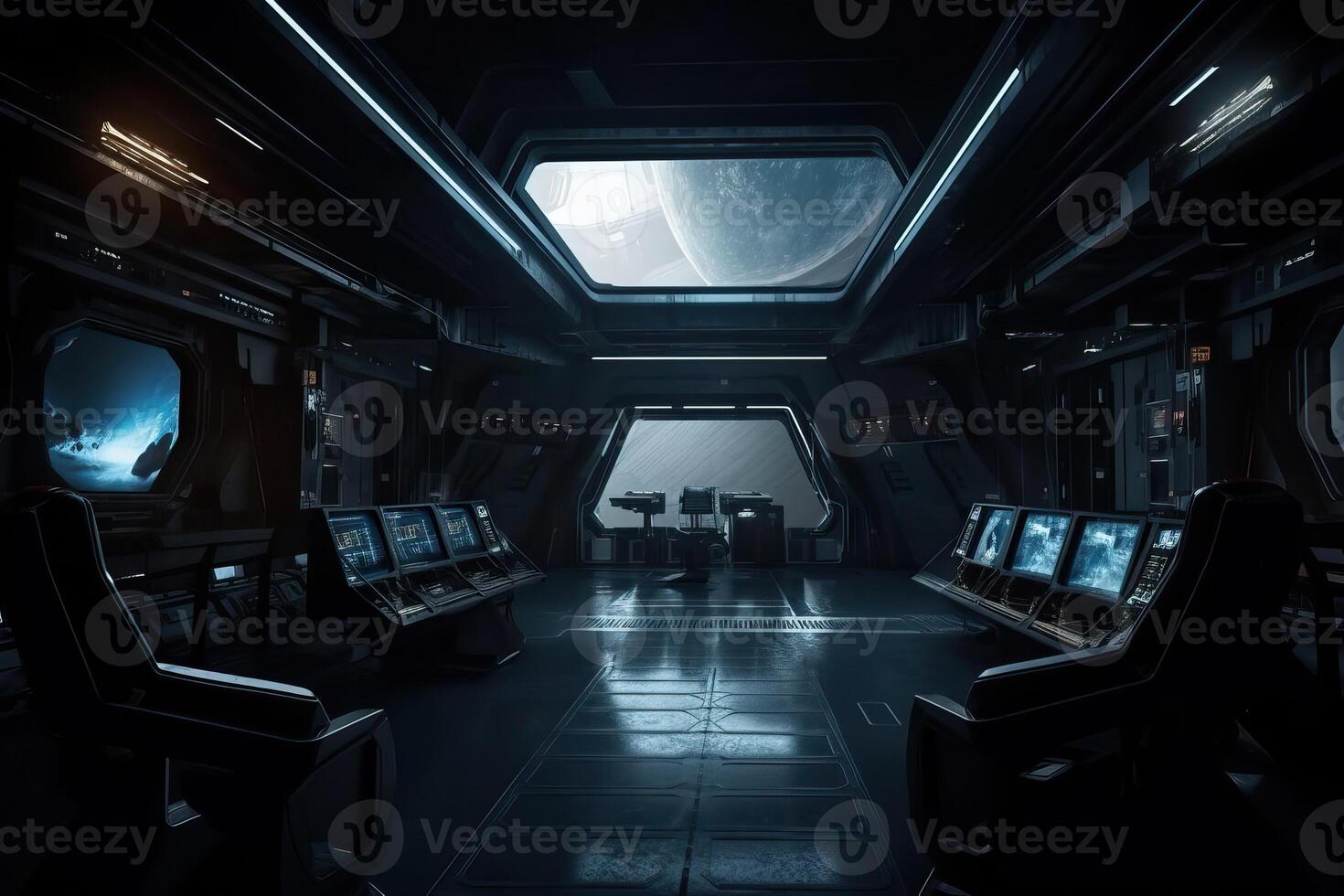 Dark spaceship interior with a view of the control panels, . photo