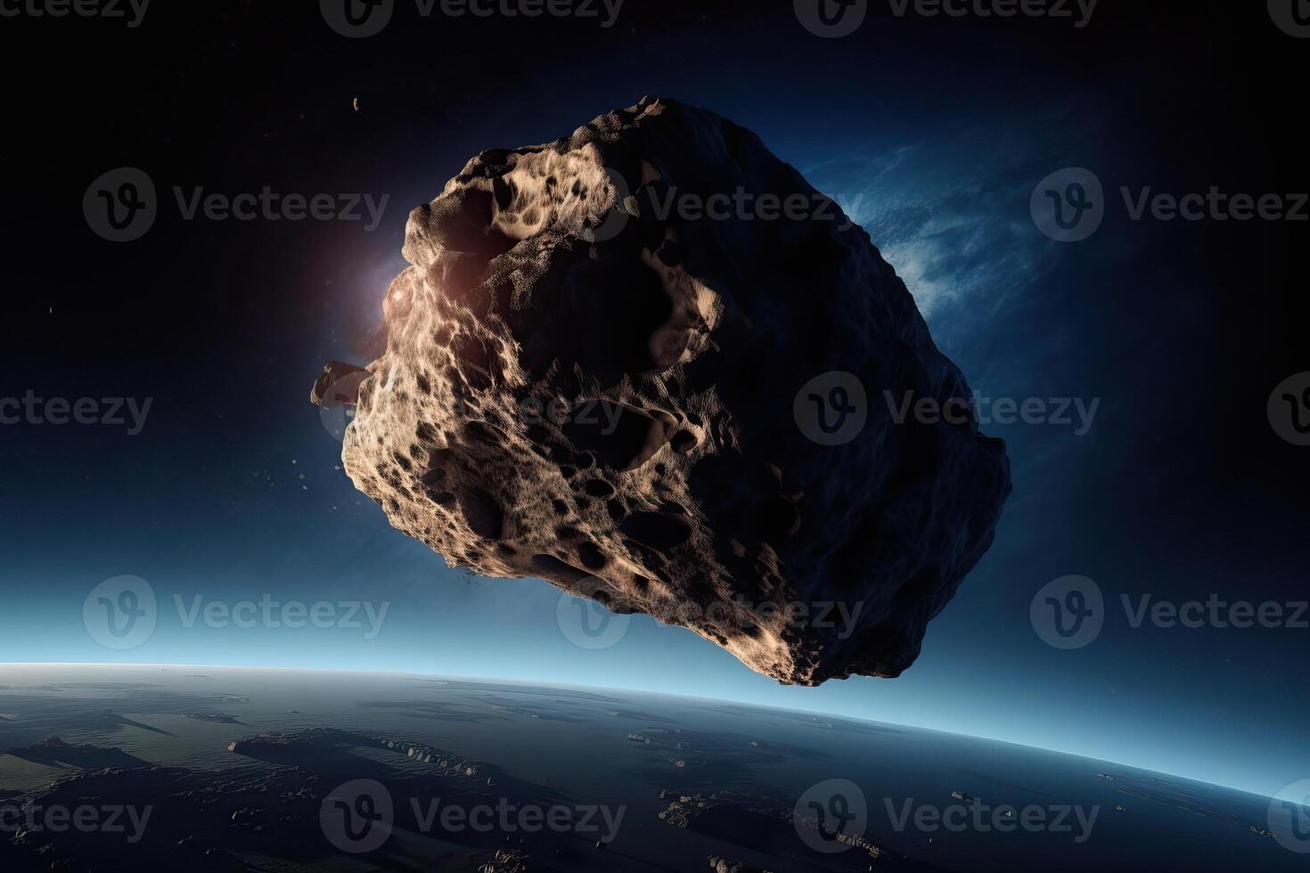 The flight of a comet over the planet, a comet in space, a meteor and energy, the glow of an asteroid, the movement of a powerful star. photo