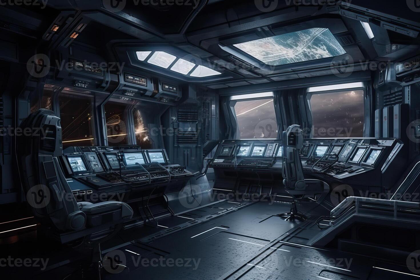 Dark spaceship interior with a view of the control panels, . photo