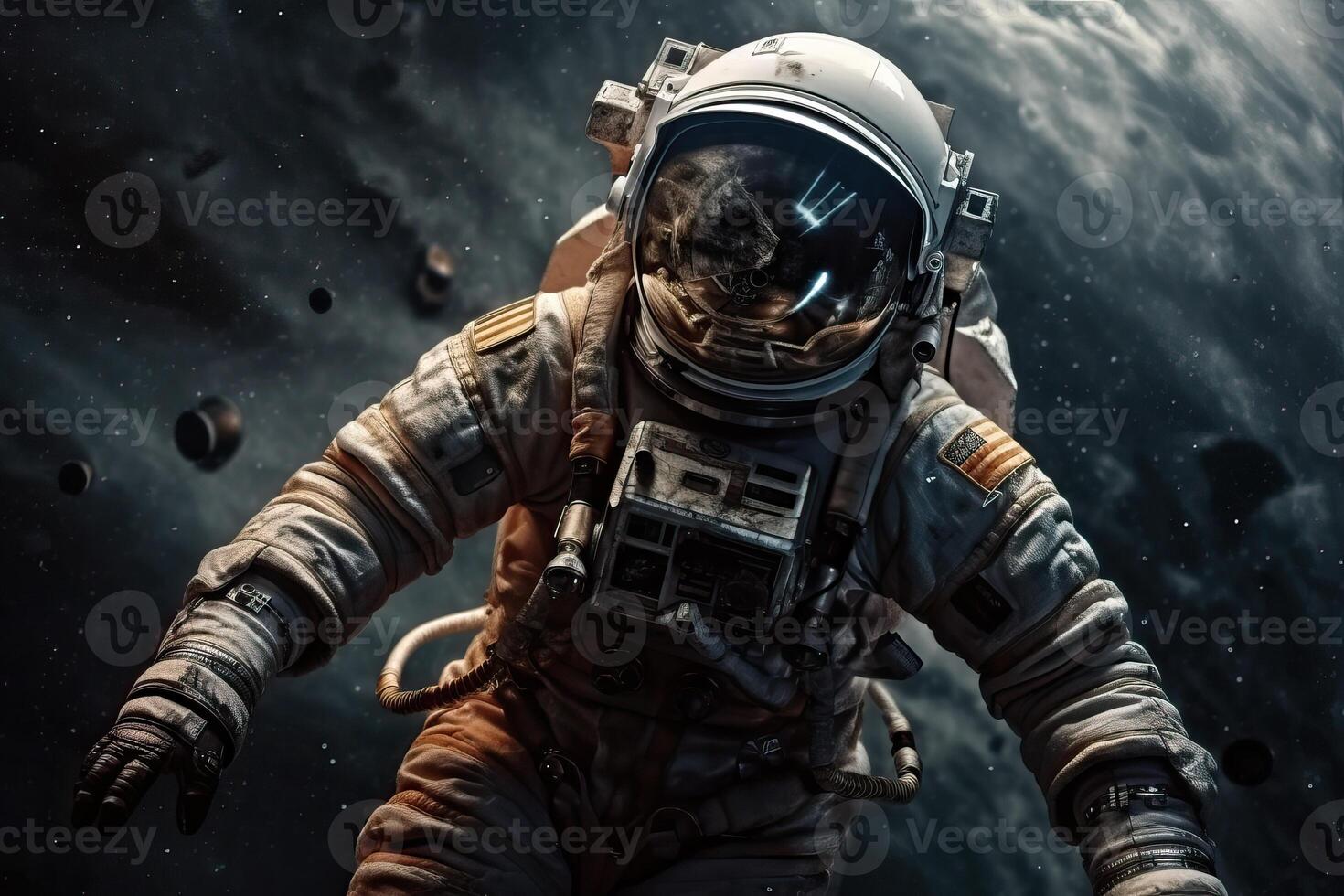 An astronaut in a spacesuit flies in outer space near the orbit of the planet Earth, . photo