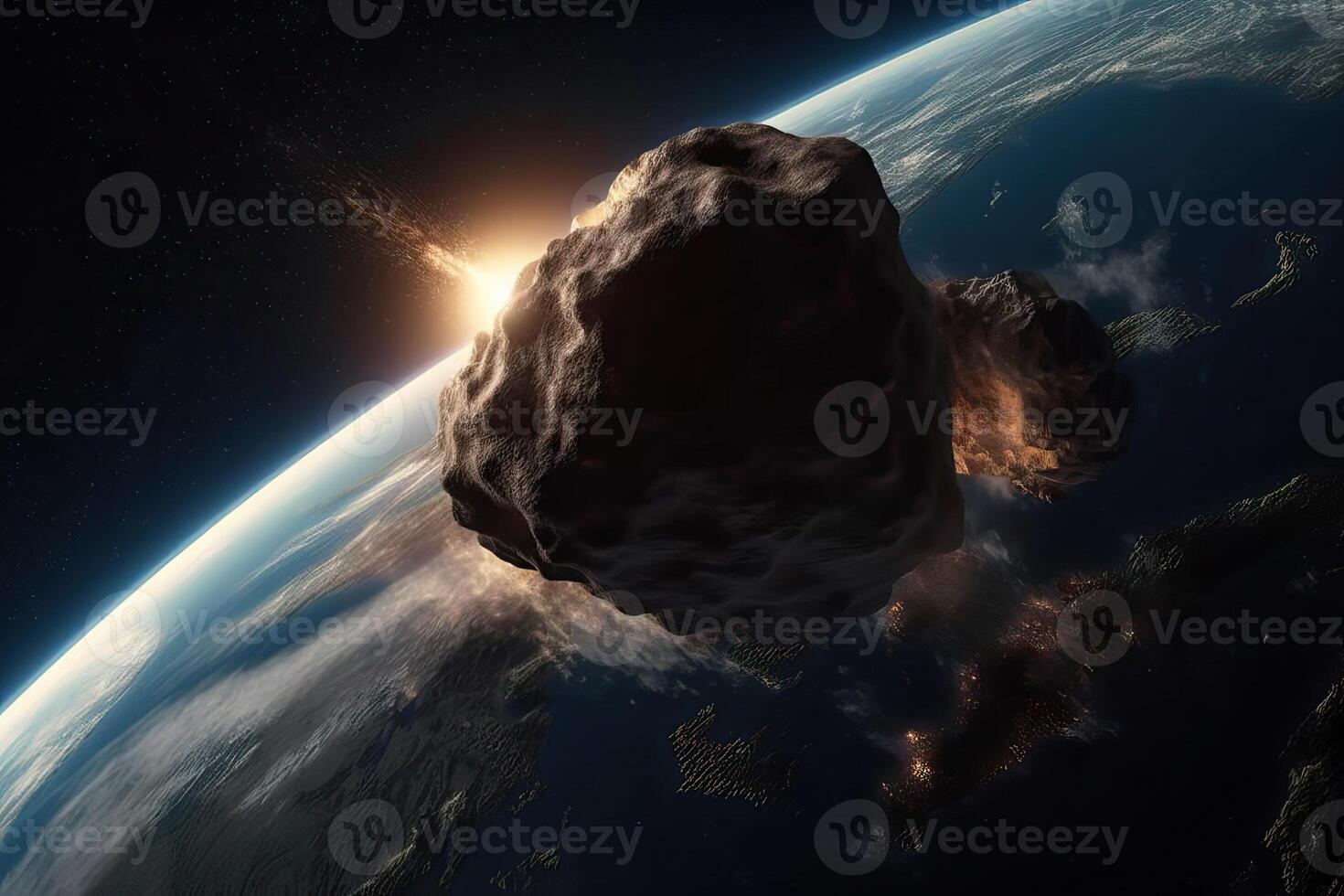 The flight of a comet over the a comet in space, a meteor and