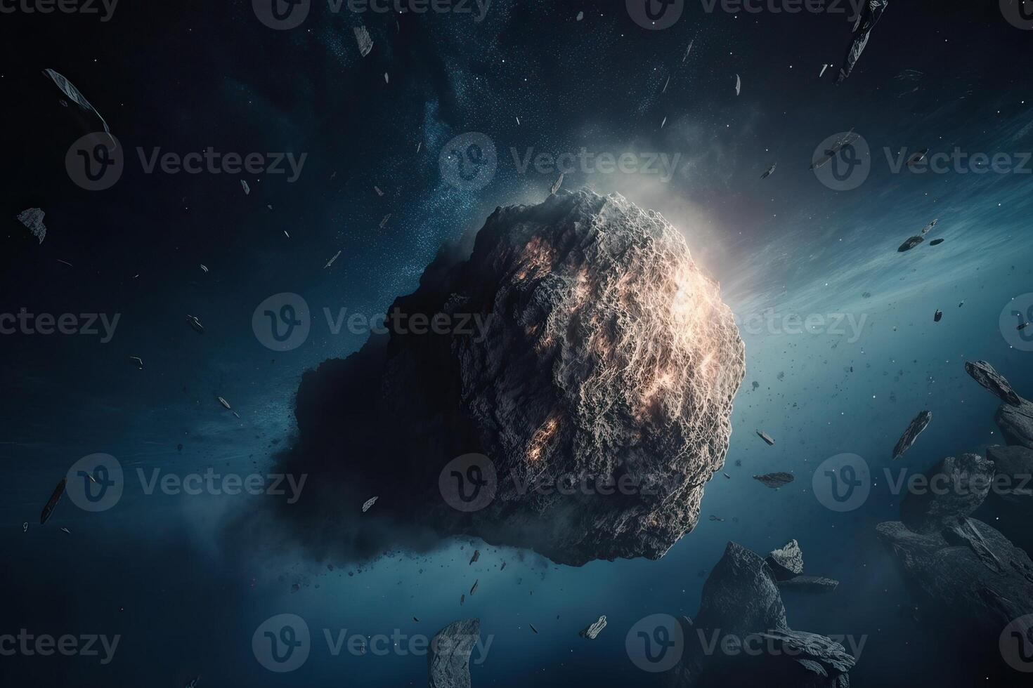 The flight of a comet over the planet, a comet in space, a meteor and energy, the glow of an asteroid, the movement of a powerful star. photo