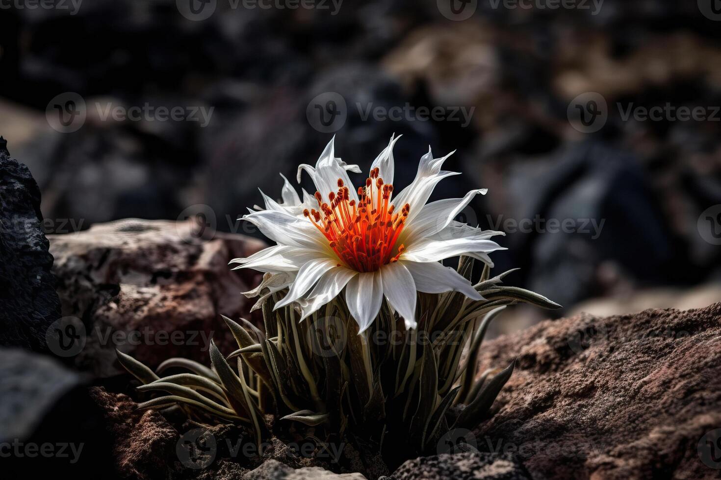 The edelweiss flower grows on one of the planets in space where there is no life, recovery of the planet after the apocalypse, . photo