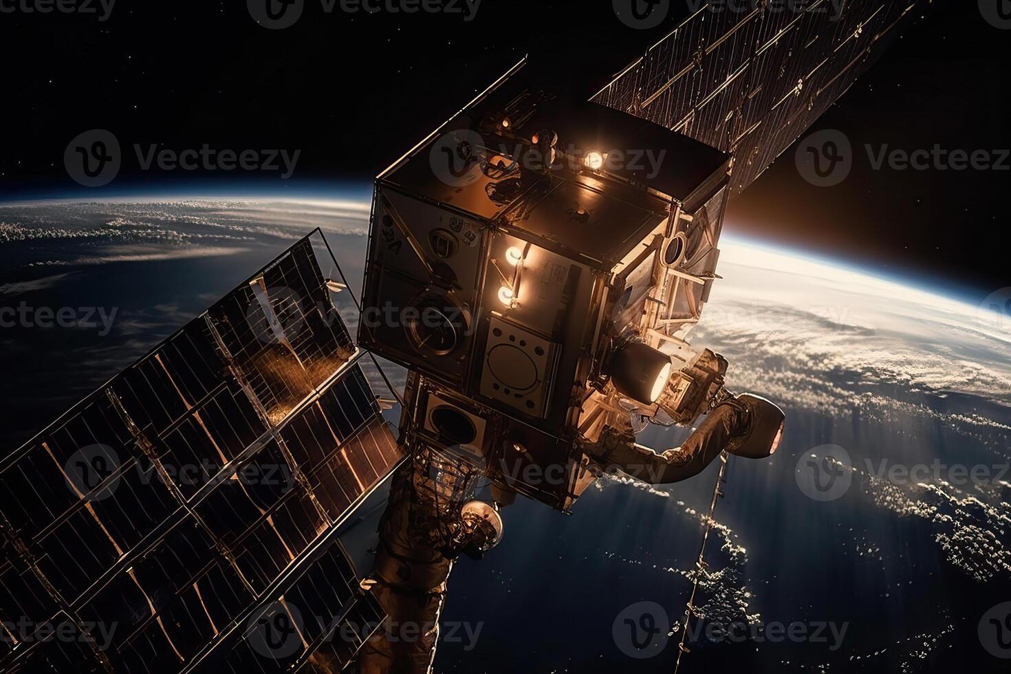 Earth's orbital satellites fly around it, communication satellites in space, . photo