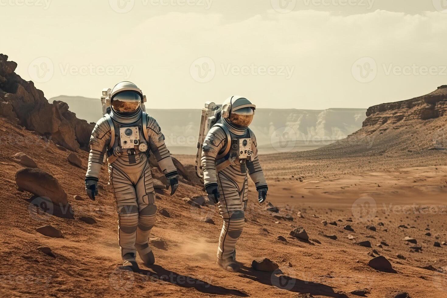 Two astronauts walk on the surface of Mars, the planet Mars and the expedition to Mars, . photo