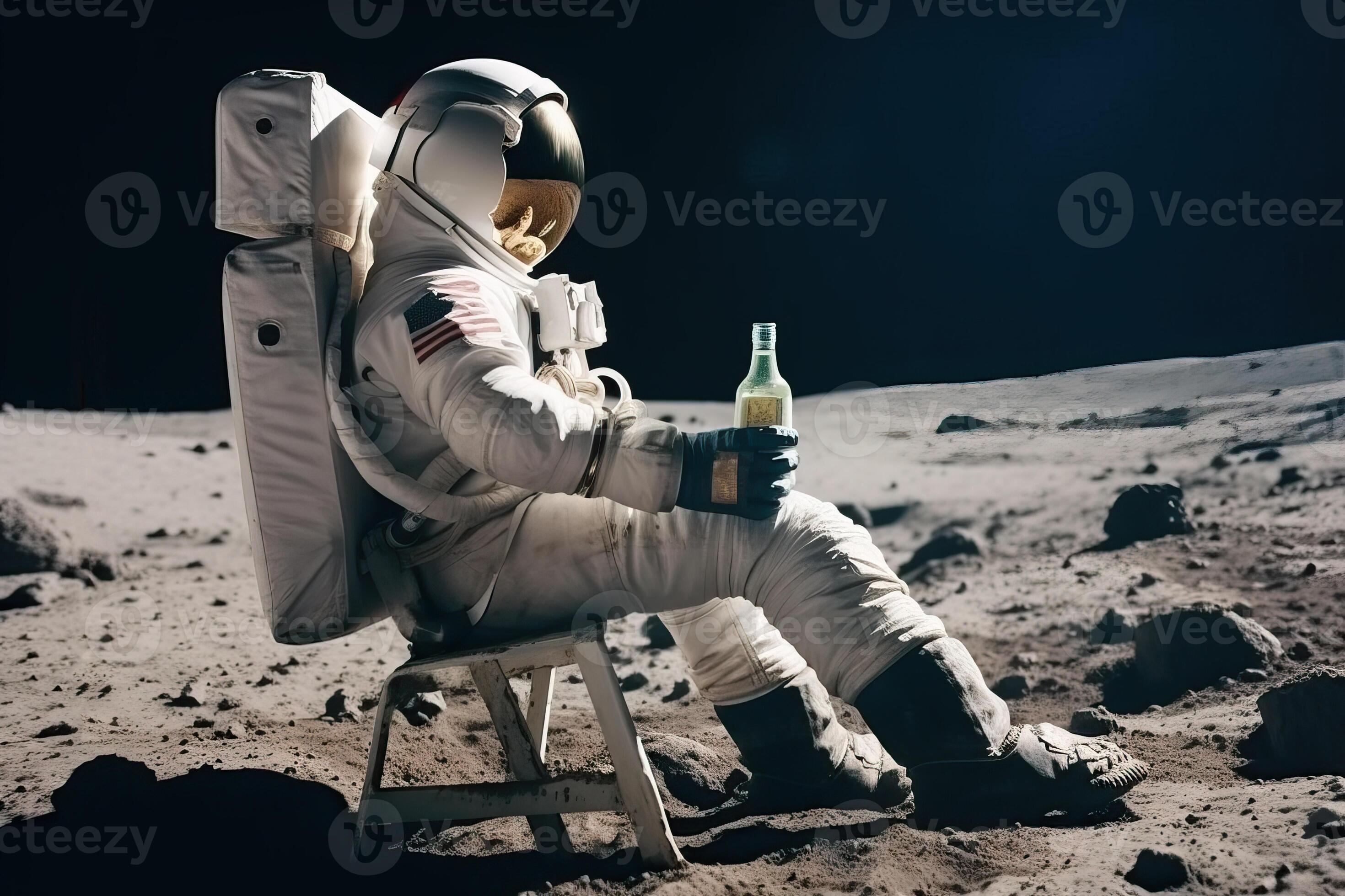 un astronauta se sienta en el superficie de el Luna y bebidas cerveza, generativo ai. 23142416