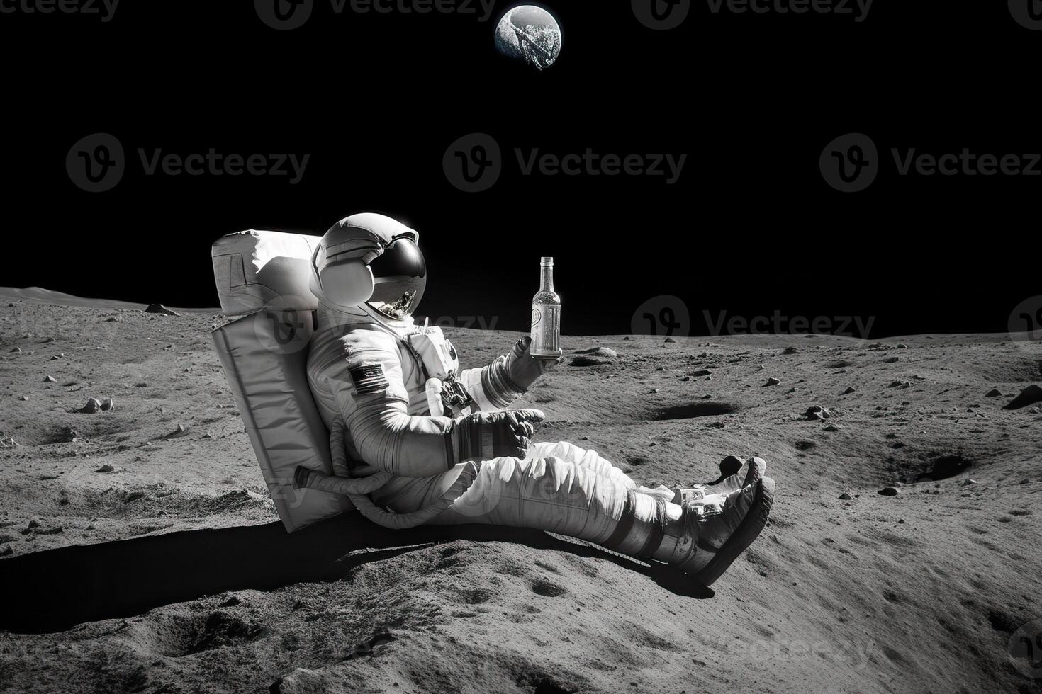 An astronaut sits on the surface of the moon and drinks beer, . photo