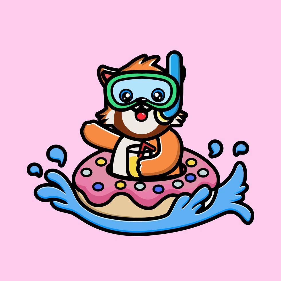 Cute red panda with doughnut tires and orange juice cartoon vector