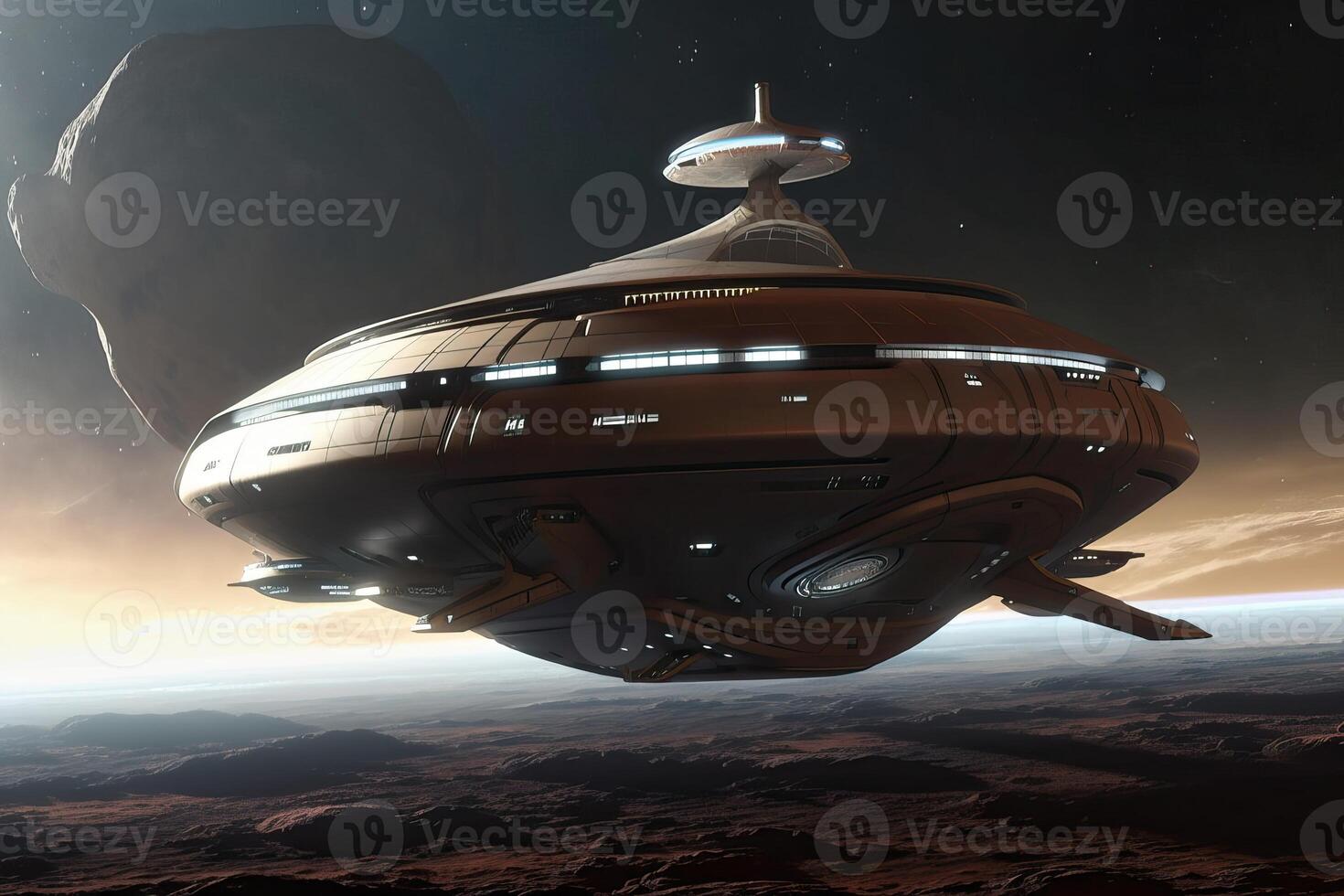 Spaceship of the future in space, deep space and spaceship, . photo