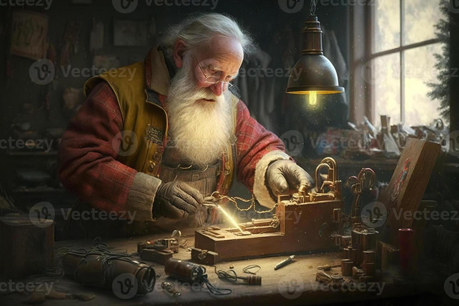 Santa Claus makes Christmas toys by hand in his workshop, . photo