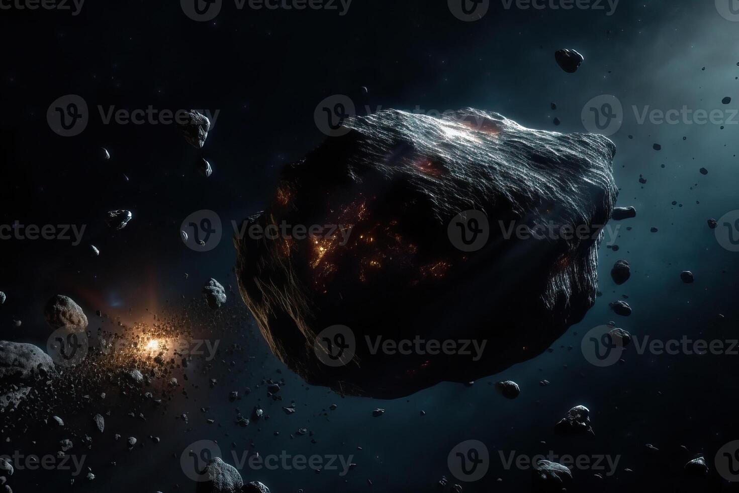 The flight of a comet over the planet, a comet in space, a meteor and energy, the glow of an asteroid, the movement of a powerful star. photo