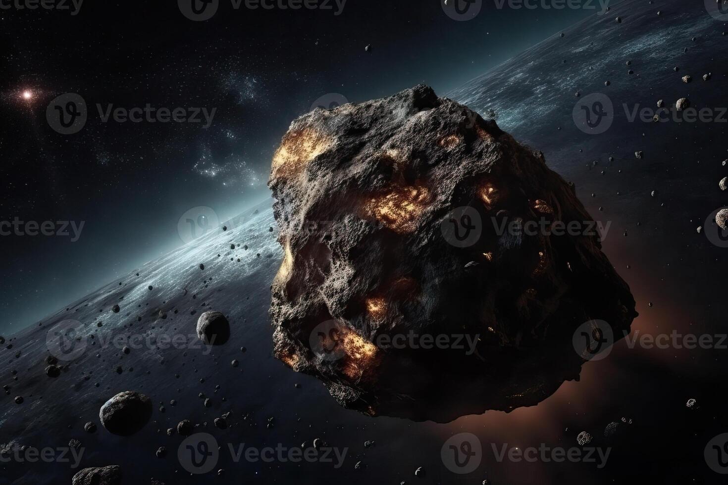 The flight of a comet over the planet, a comet in space, a meteor and energy, the glow of an asteroid, the movement of a powerful star. photo