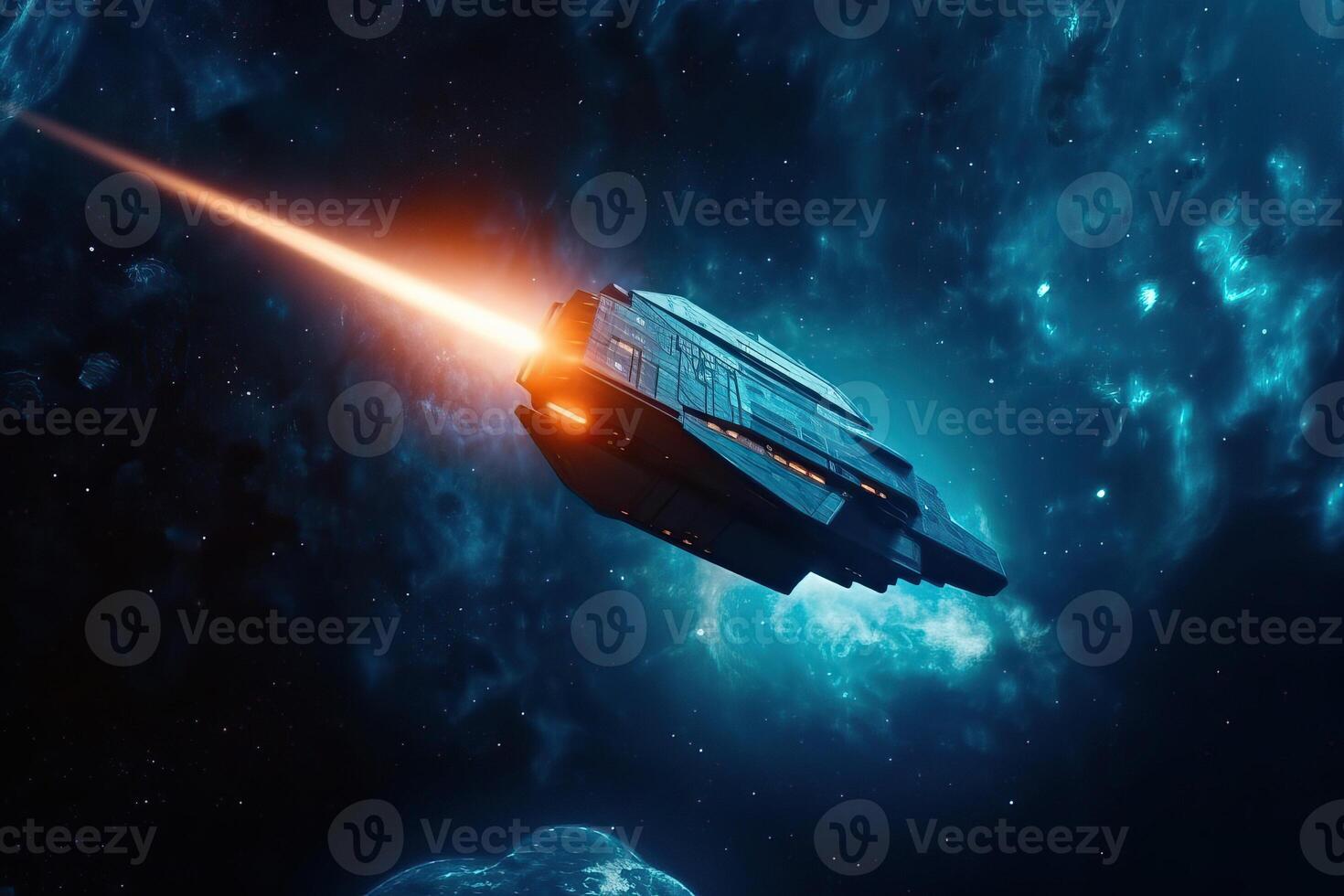 The flight of a spacecraft into space beyond the Earth's orbit, . photo