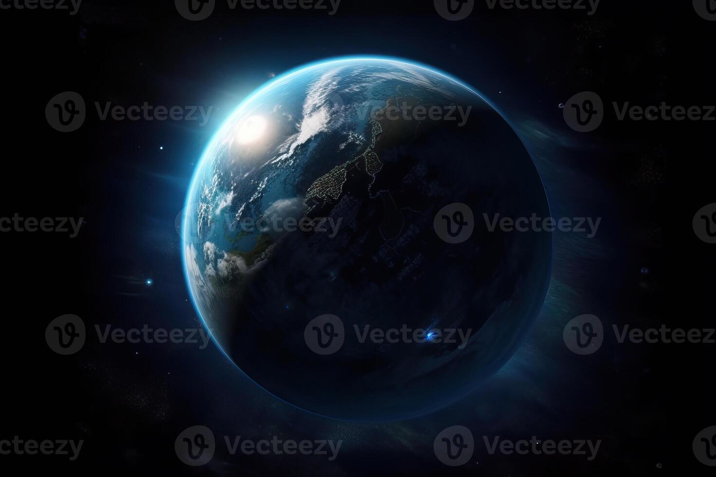 View of blue planet earth in space, earth's atmosphere and black space around, . photo