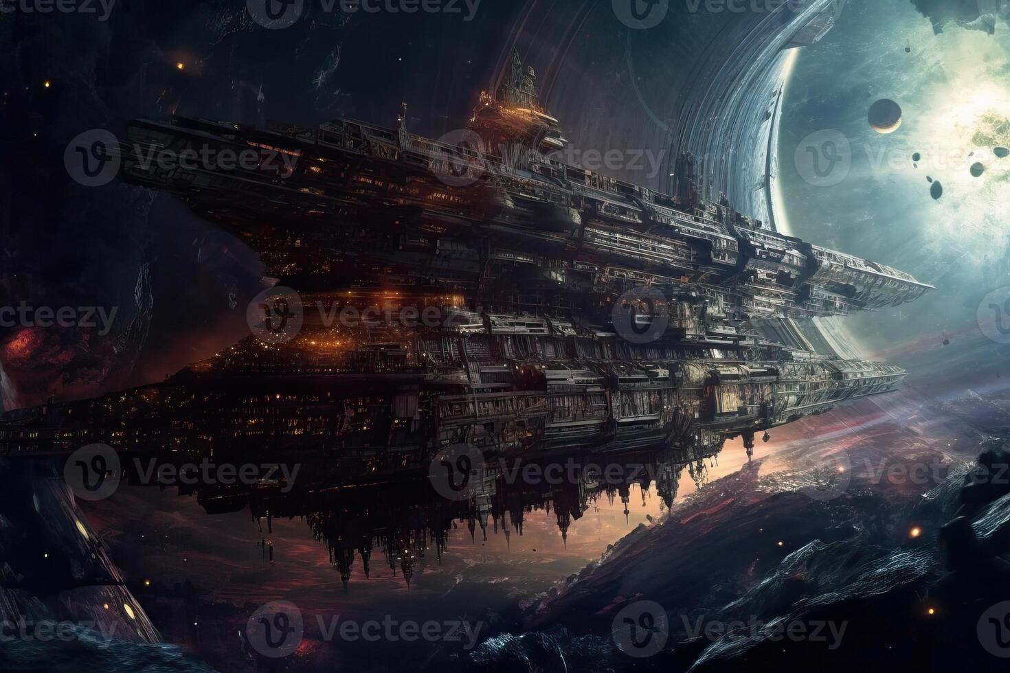 Intergalactic spaceship of aliens, shuttle with aliens in outer space, . photo