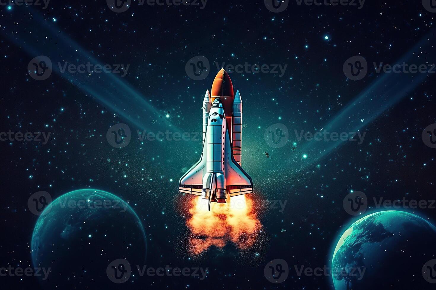 The flight of a spacecraft into space beyond the Earth's orbit, . photo