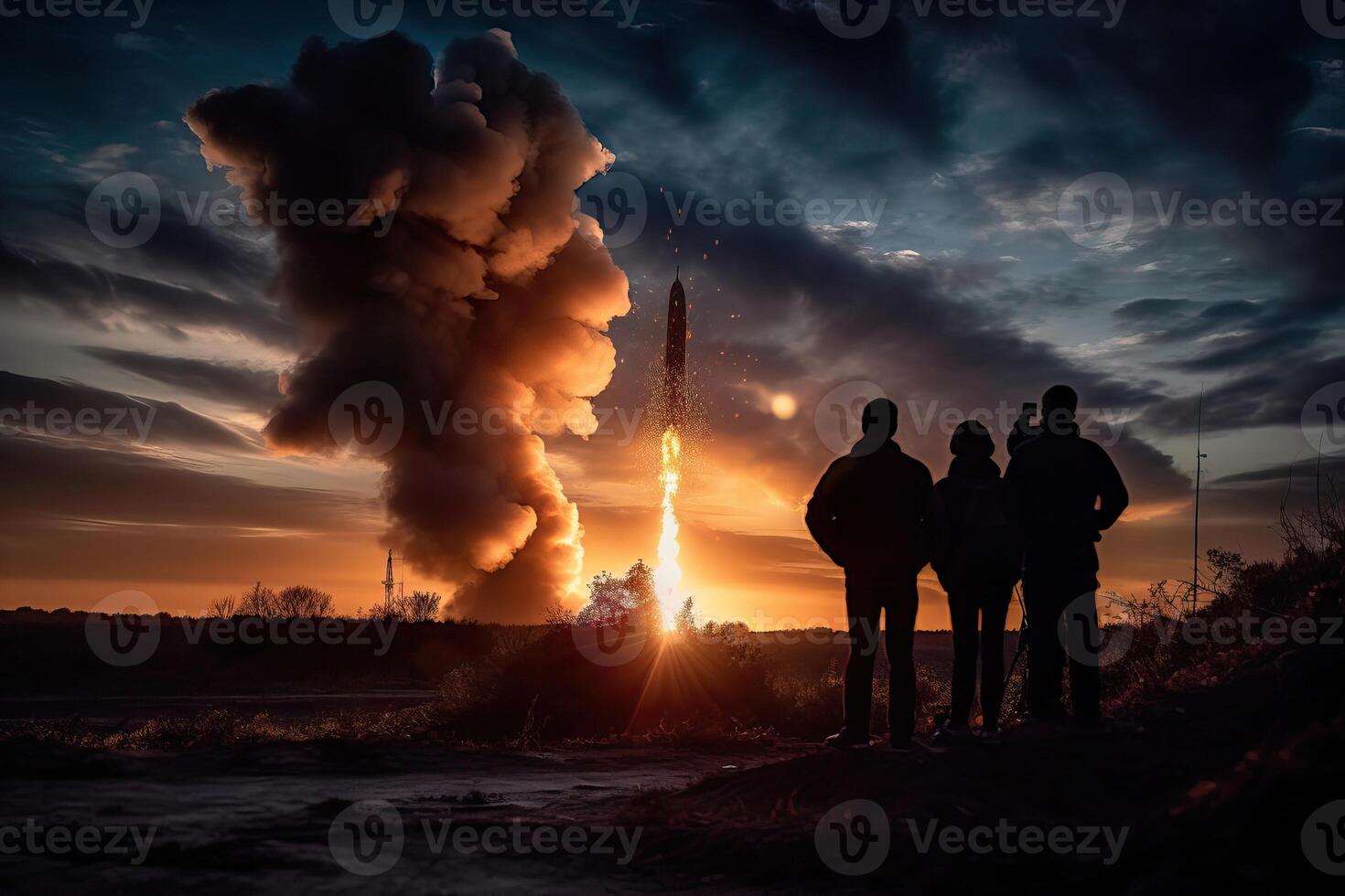 A group of people watch a rocket launch into space on the horizon, . photo