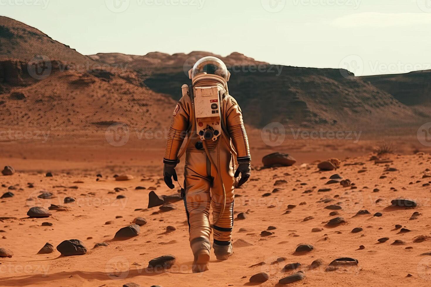 un astronauta en un espacio traje camina alrededor el rojo planeta de el solar sistema Marte, generativo una. foto
