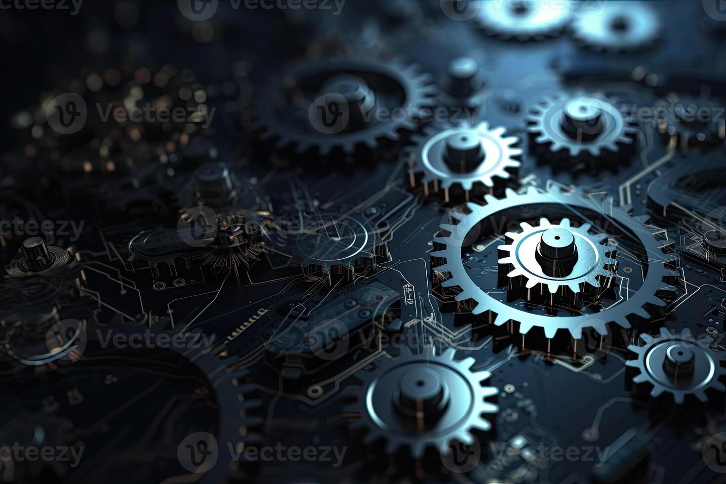Digital gear wheels on circuit board. High technology engineering. photo