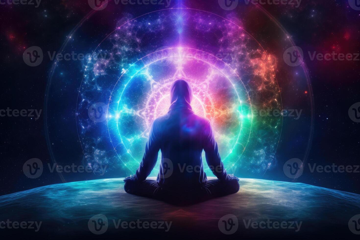 Body silhouette in lotus pose against cosmic background. photo