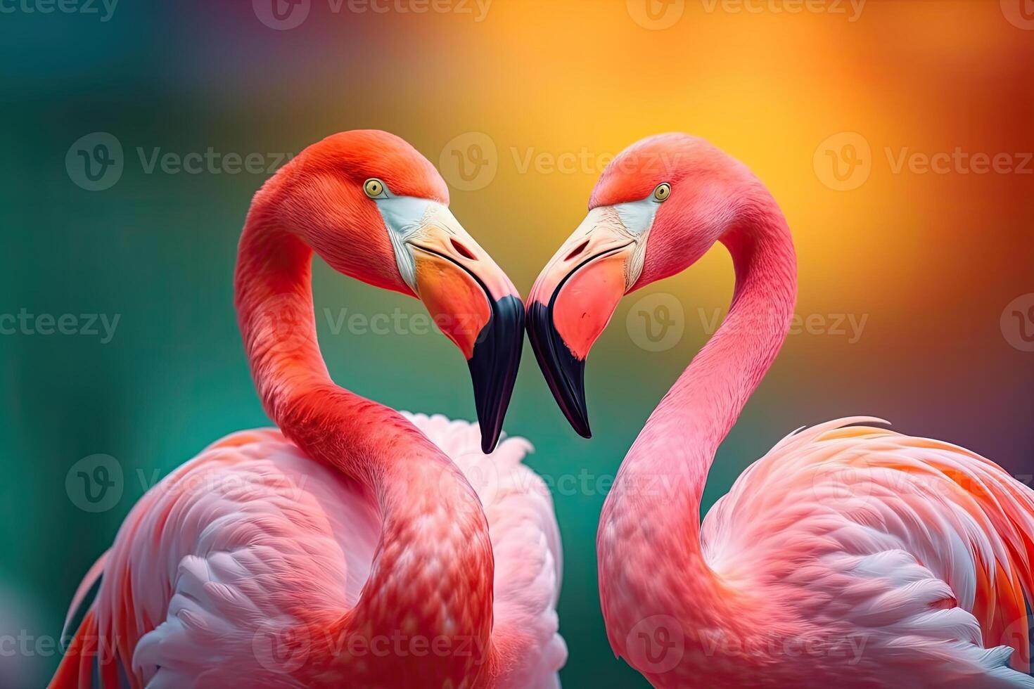 Close up portrait of two flamingo bird on pastel colored background. photo