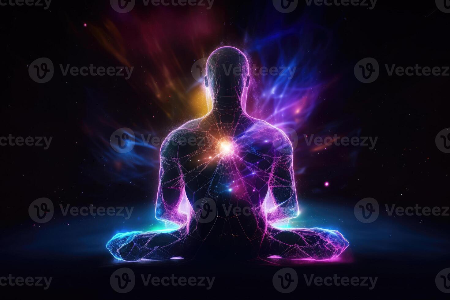 Body silhouette in lotus pose against cosmic background. photo