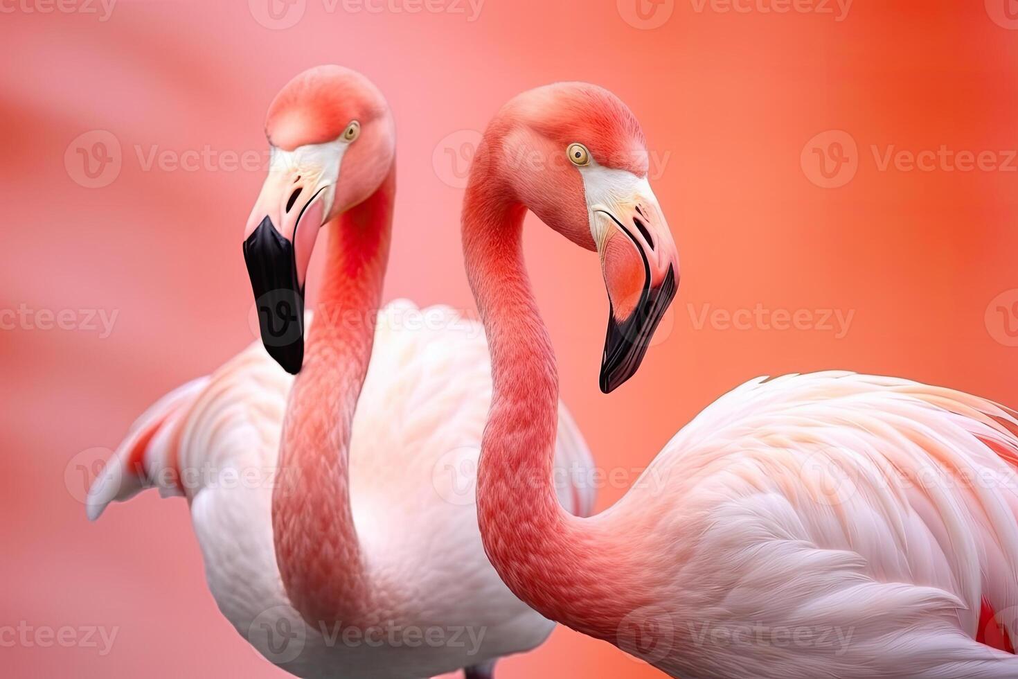 Close up portrait of two flamingo bird on pastel colored background. photo