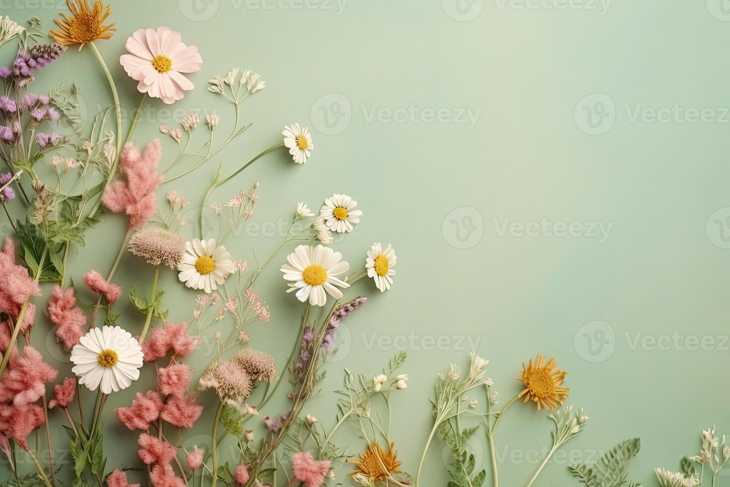 Festive floral composition. Flowers on bright colored background. photo