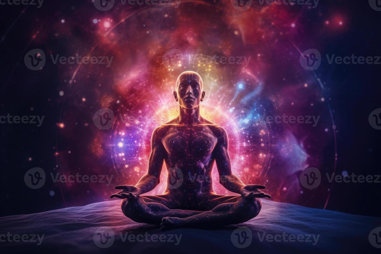 cuerpo silueta en loto actitud en contra cósmico antecedentes. generativo ai foto