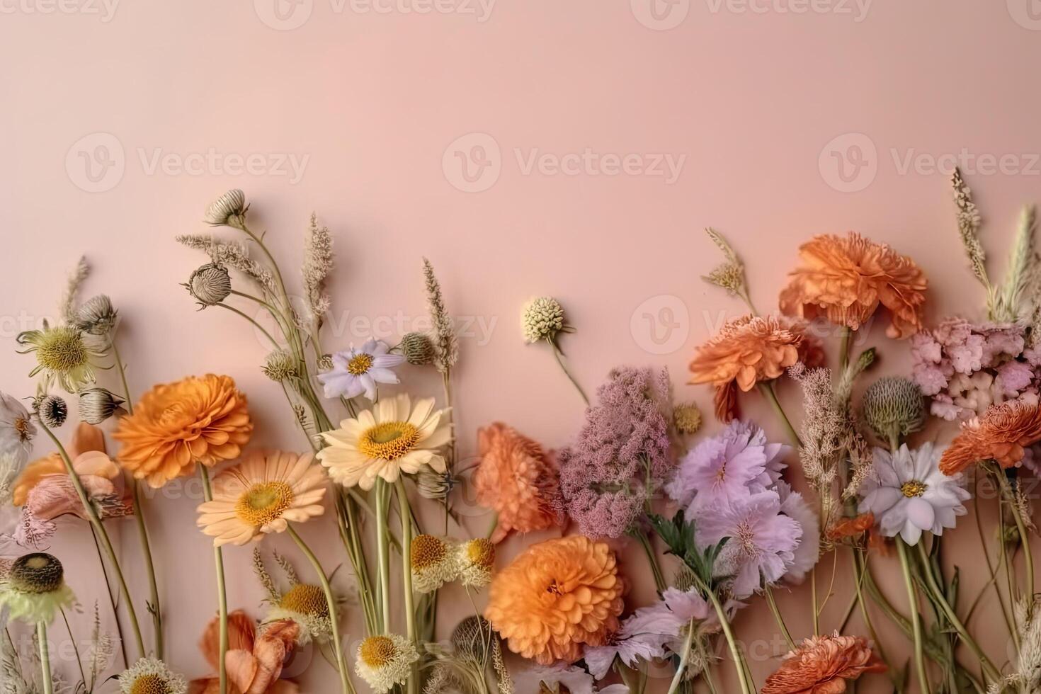 Festive floral composition. Flowers on bright colored background. photo