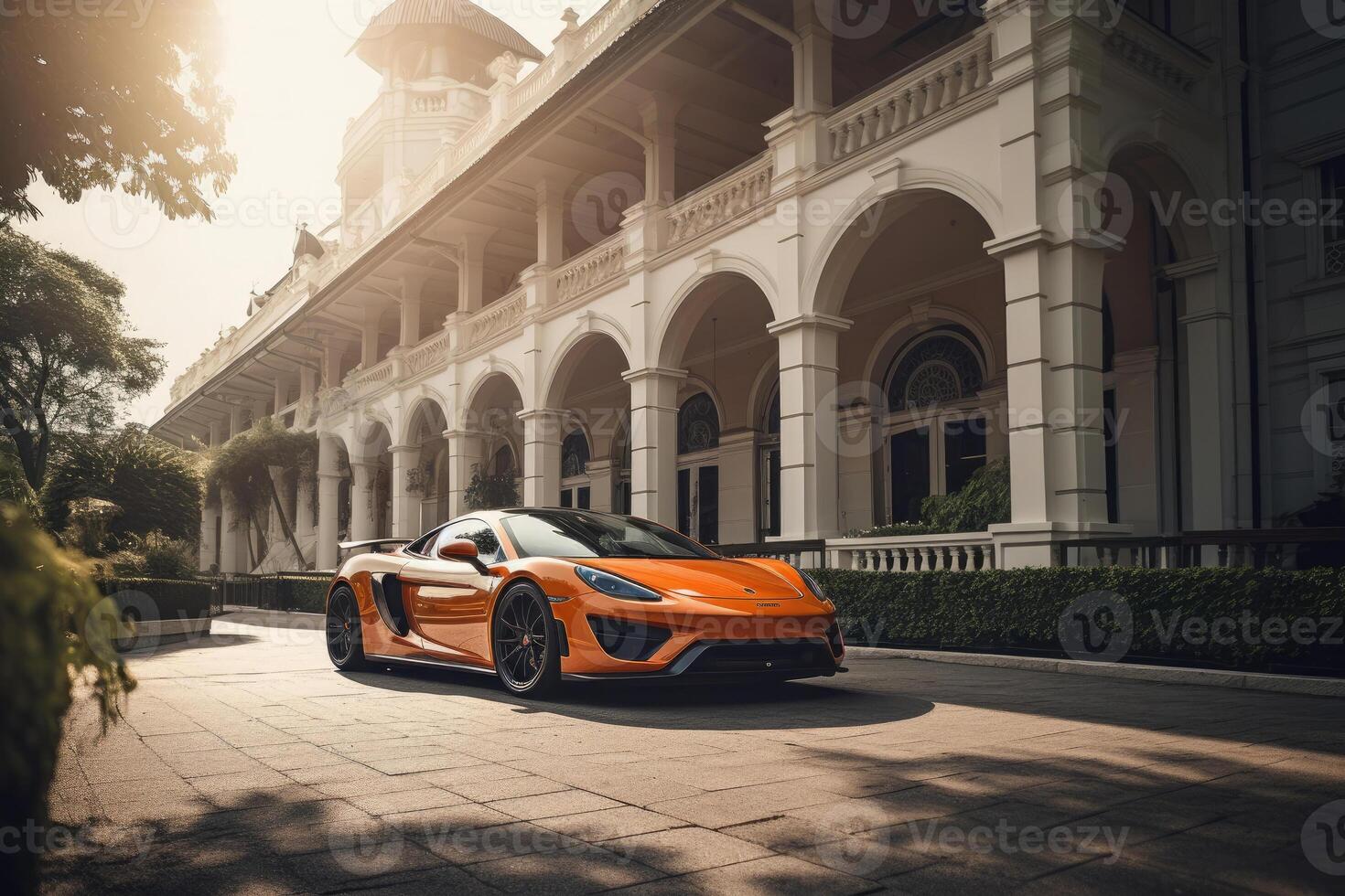 Modern sportcar parking near luxury hotel. photo