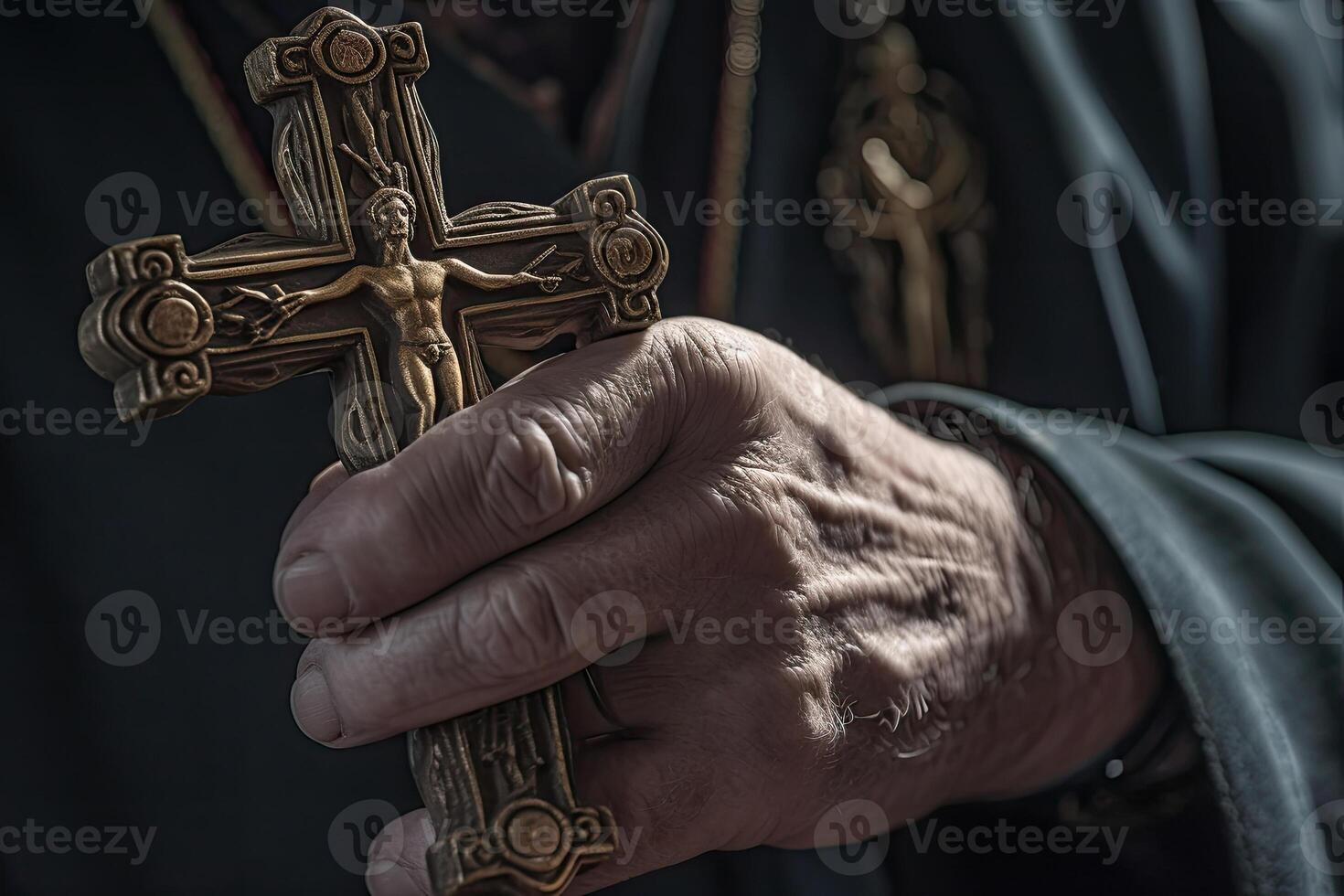 Iglesia sacerdote sostiene religioso cruzar en manos. generativo ai foto