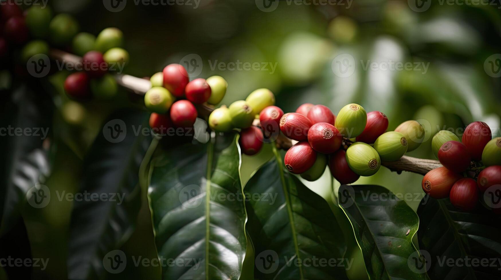 Coffee tree with red coffee beans on coffee plantation. photo