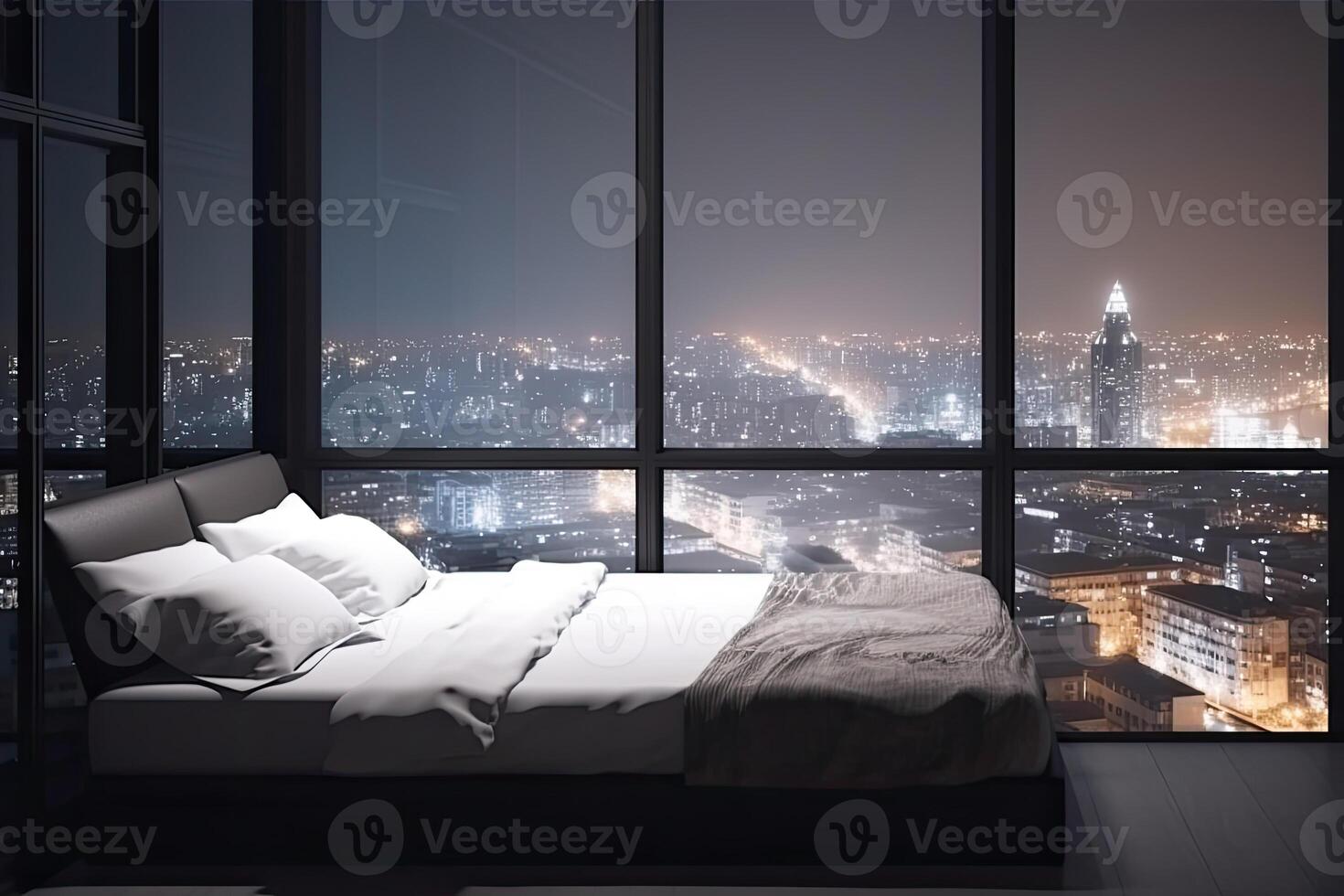Large bed in living room with night city view in window. photo