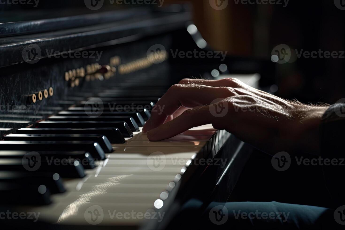 músico manos en piano teclado. clásico música instrumento. generativo ai foto