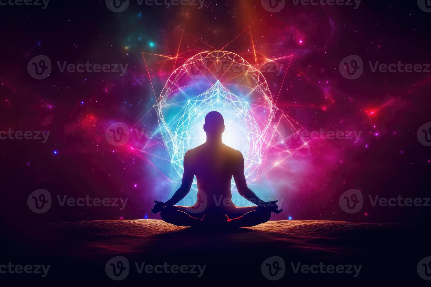 Body silhouette in lotus pose against cosmic background. photo